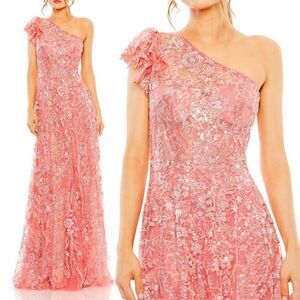 Mac Duggal 68512 Size 12 Coral Floral Beaded One Shoulder Long Maxi Gown Dress